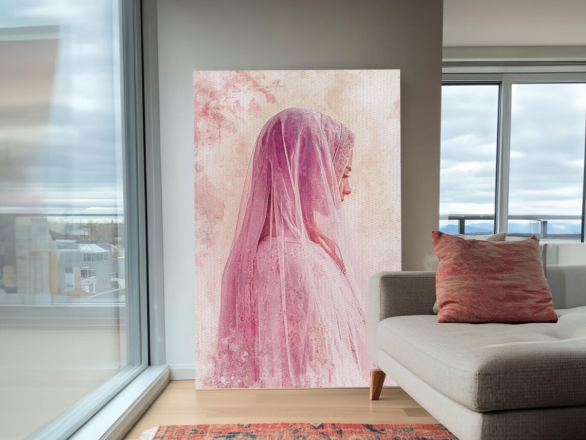 Woman In Flowing Pink Veil Watercolor Romantic Portrait Wall Art Print - Image 4
