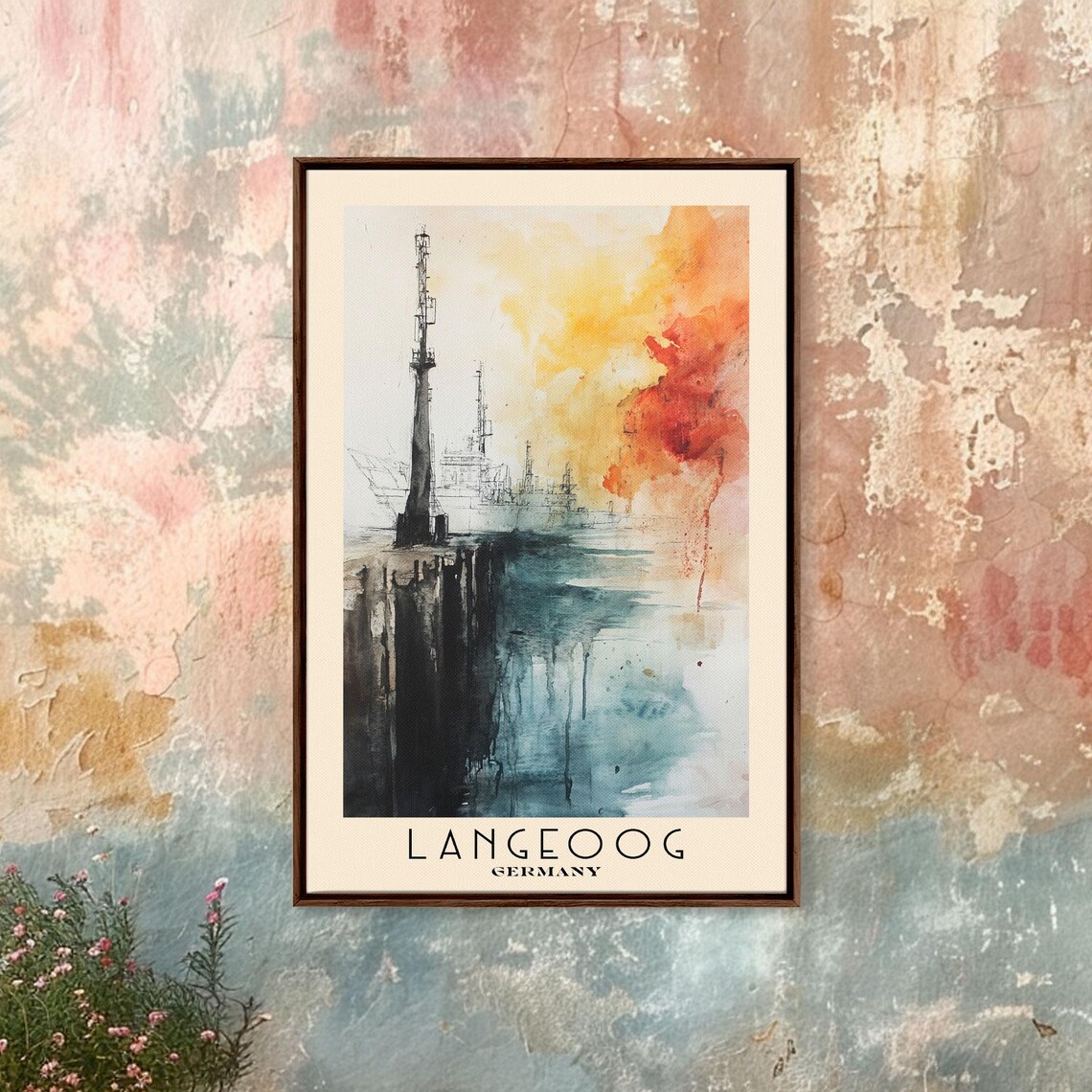 Langeoog Germany Harbor Ship Sunset Ink Wash Watercolor Poster - Image 3