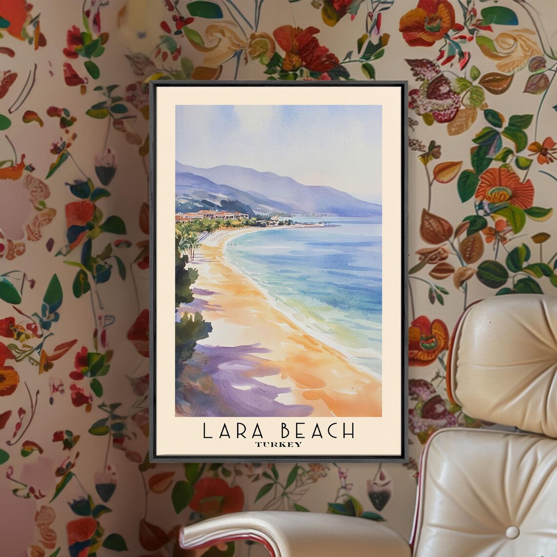 Lara Beach Turkey Golden Crescent Coast Mountain View Watercolor Poster - Image 2