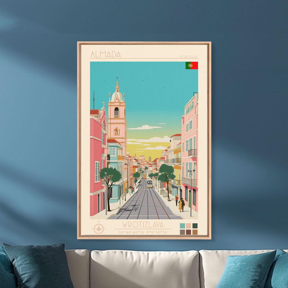 Almada Portugal Sunset Tram Street Bell Tower Pastel Buildings Poster - Image 4