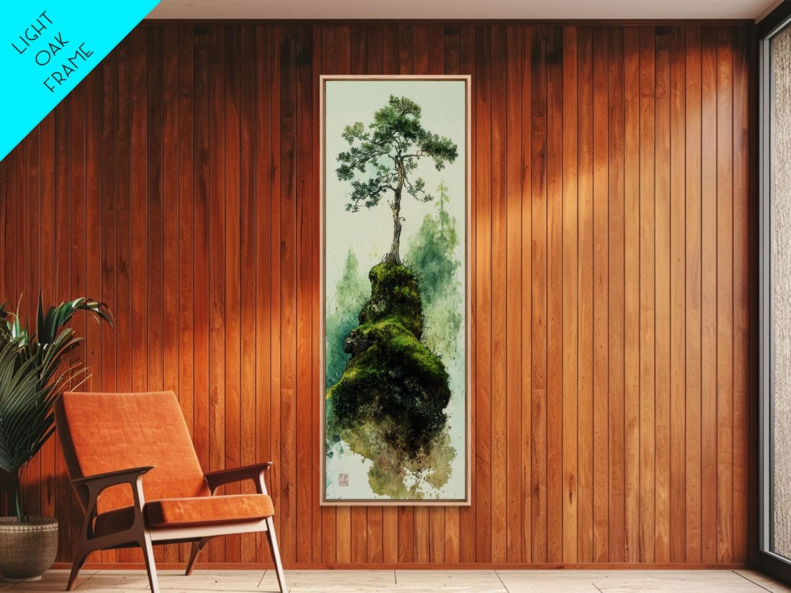 Lone Pine Tree on Mossy Rock Misty Green Watercolor Zen Wall Art - Image 6