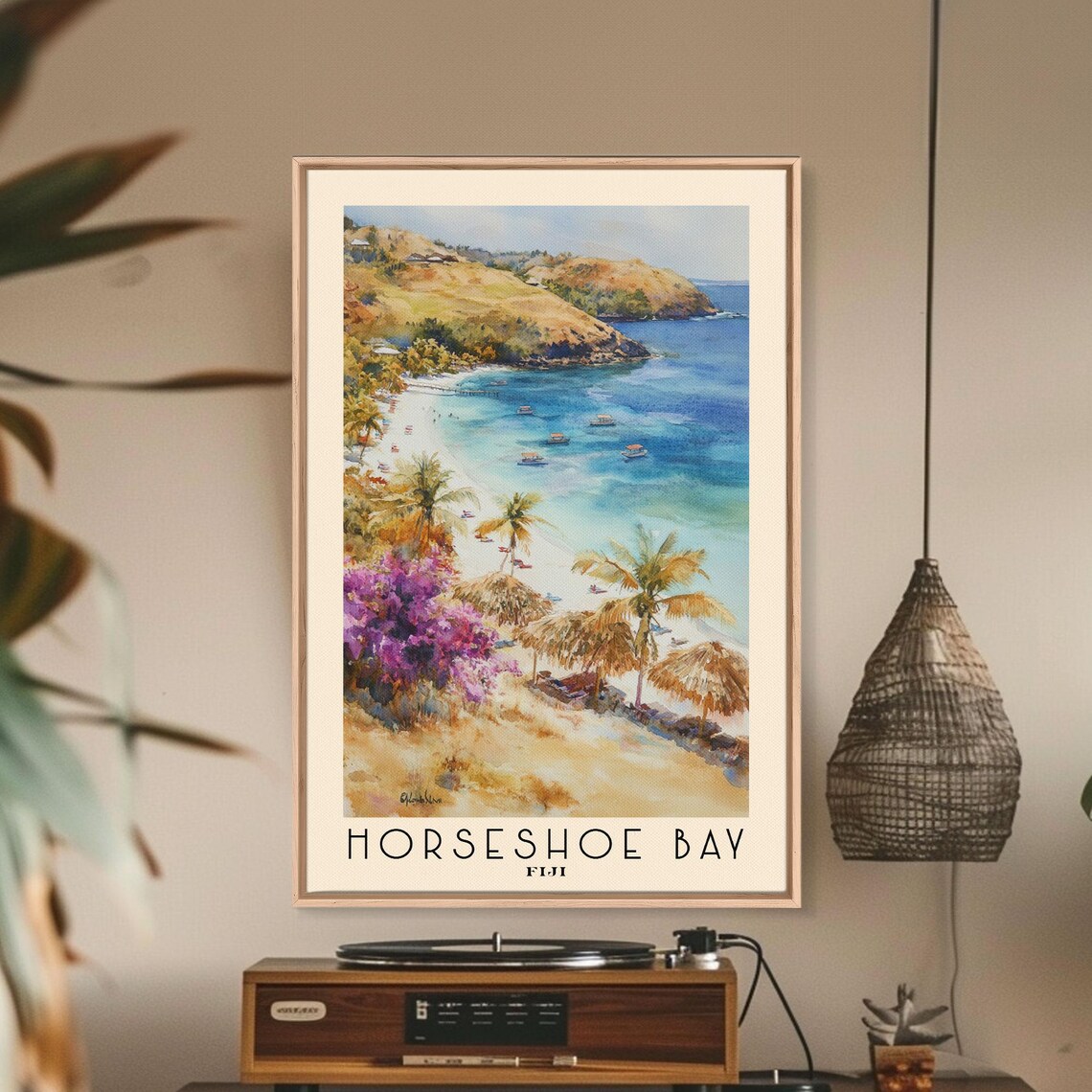 Horseshoe Bay Fiji Beach Palms Boats Bougainvillea Watercolor Poster