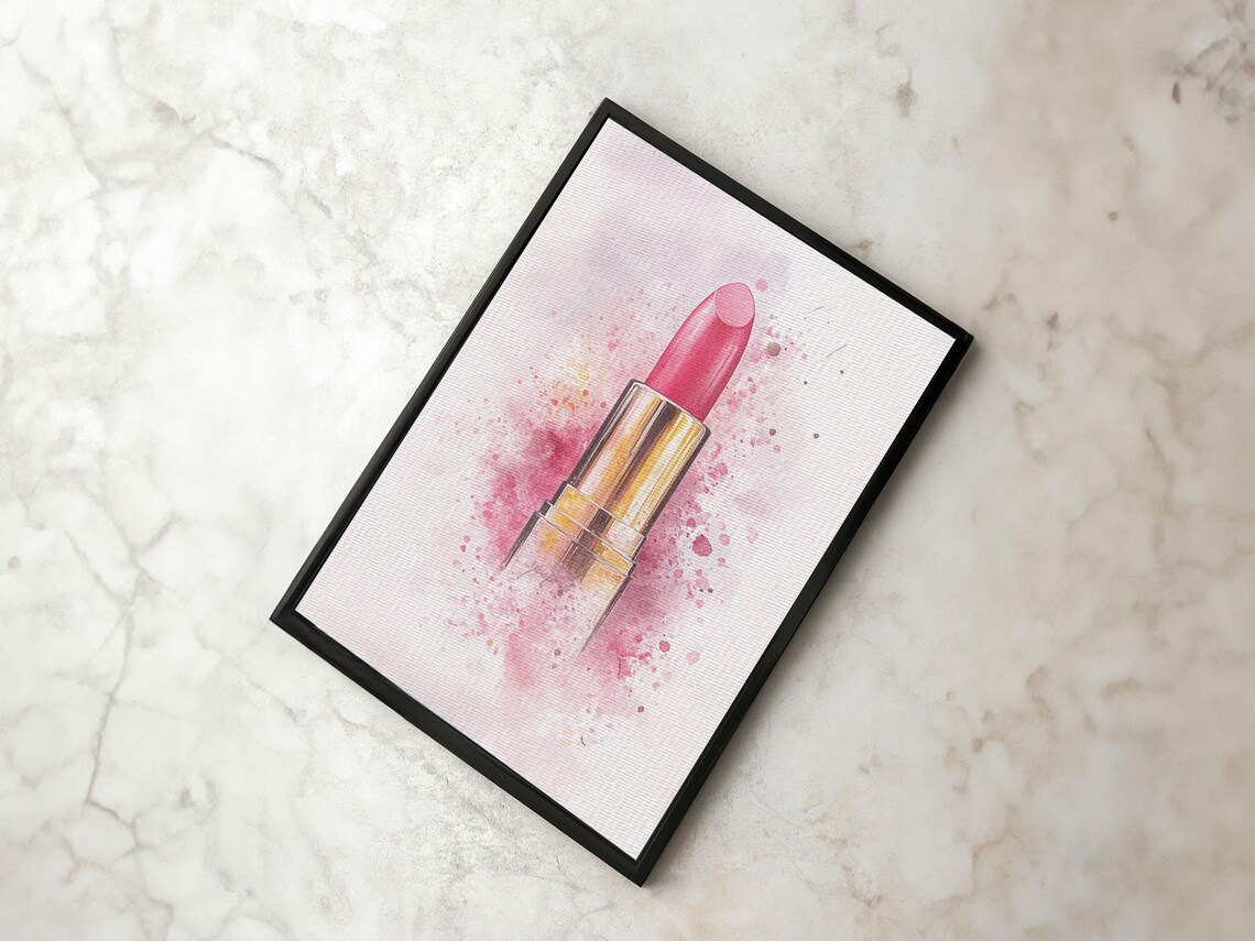 Pink Lipstick In Gold Tube Watercolor Feminine Beauty Wall Art Print - Image 3