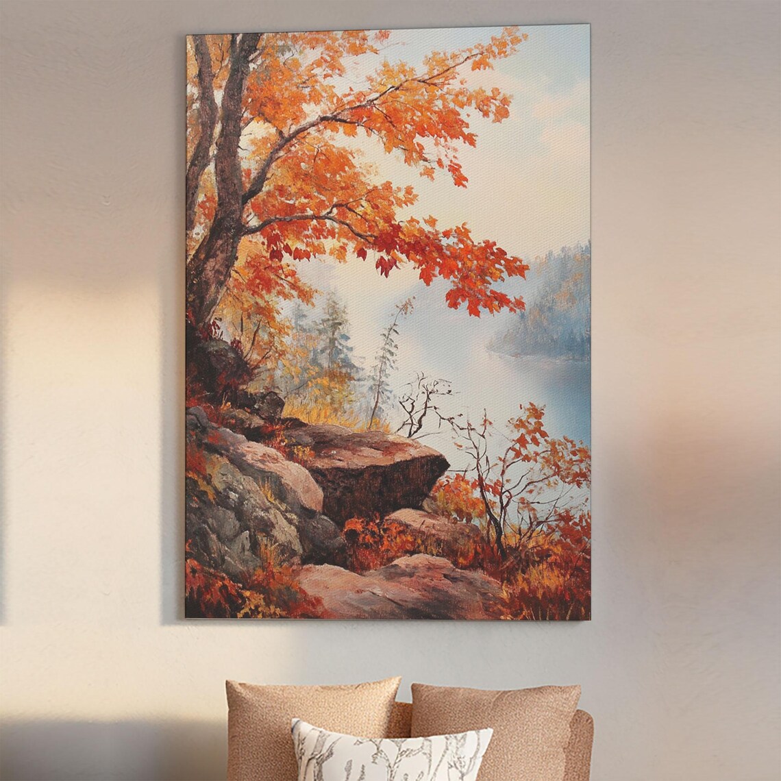Rocky Autumn Cliff With Fiery Orange Maple Over Misty Lake View Poster