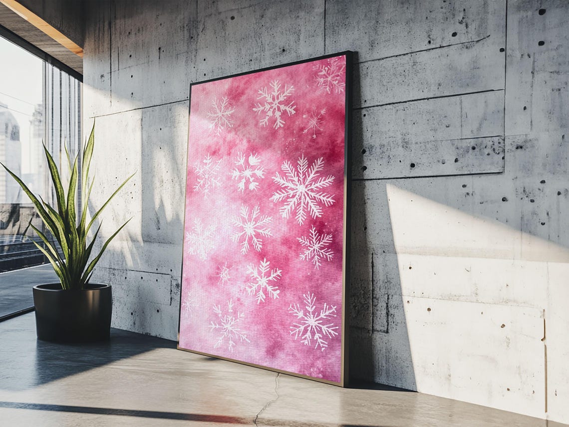 Pink Snowflake Pattern White Winter Christmas Cozy Holiday Wall Art