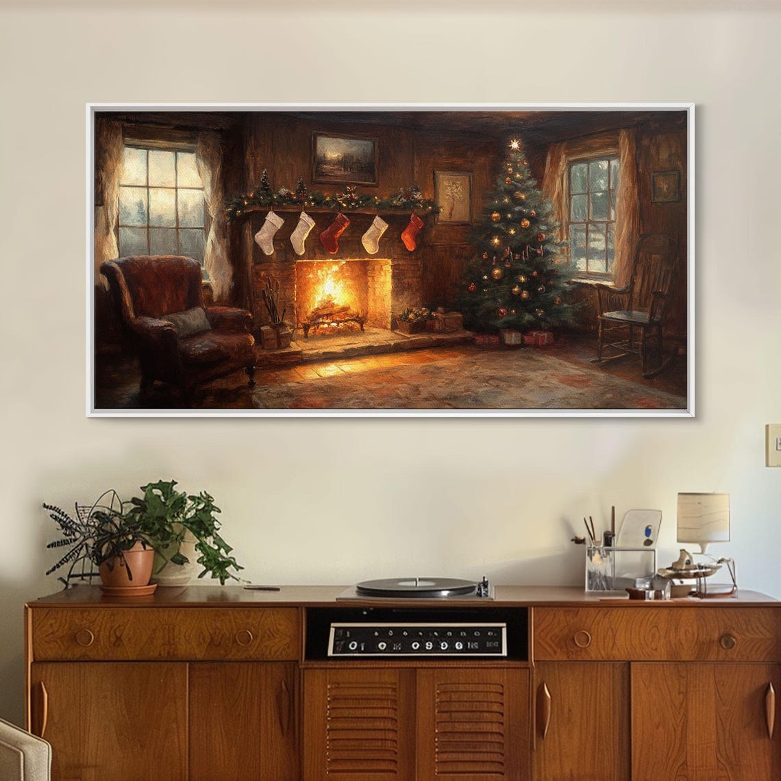 Christmas Fireplace Stockings Tree Leather Chair Vintage Wall Art - Image 3