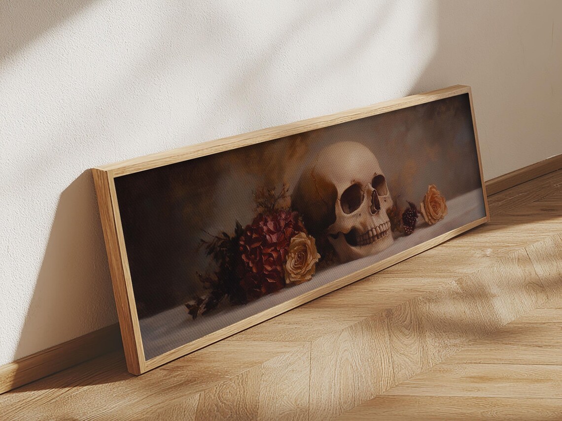 Skull And Flowers Still Life Panoramic Painting Moody Gothic Roses Poster - Image 5