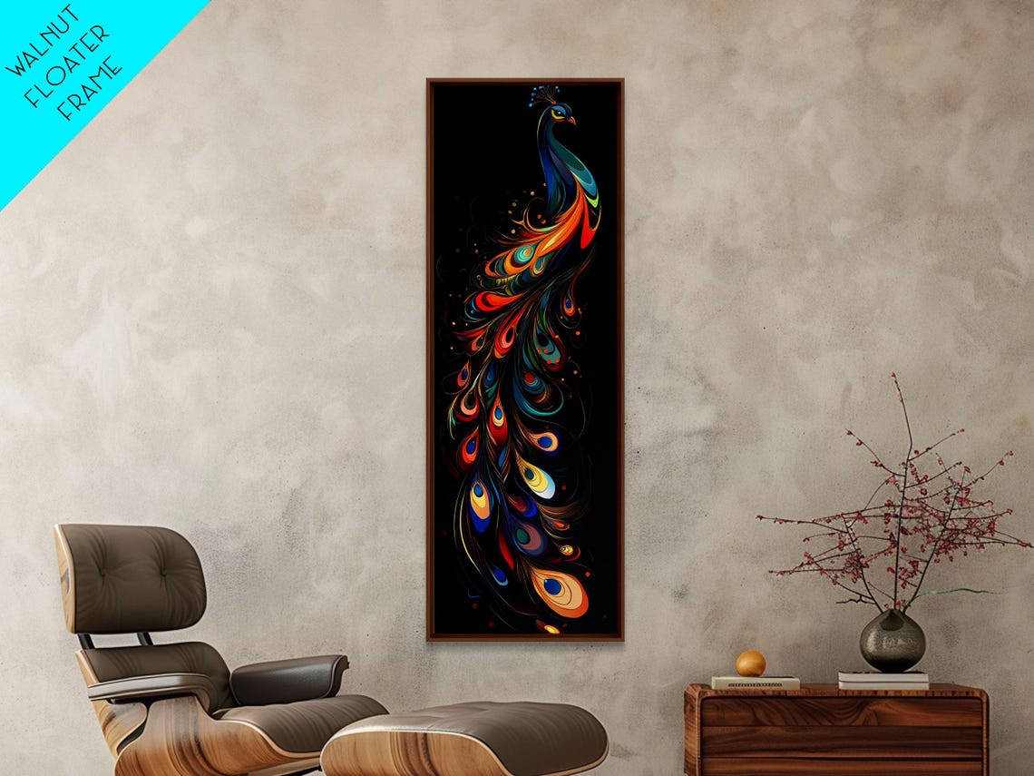 Whimsical Rainbow Peacock Black Background Vertical Boho Art Poster - Image 4