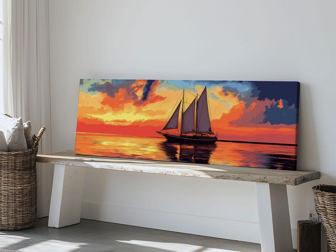 Tall Sail Ship Sunset Orange Sky Ocean Panoramic Nautical Poster - Image 5