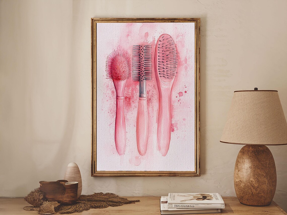 Pink Hairbrushes Watercolor Beauty Salon Chic Feminine Wall Art - Image 5