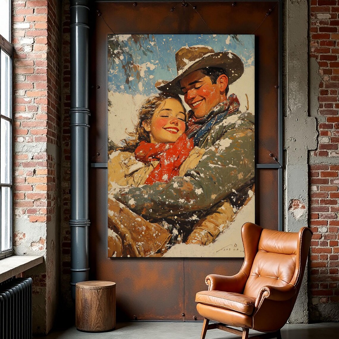 Snowy Couple Embrace Retro Christmas Art Print - Image 3