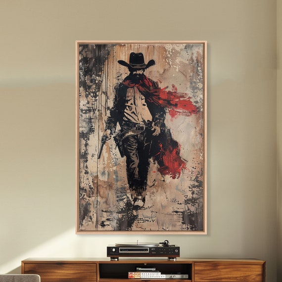 Cowboy With Red Scarf Art Print Framed Western Wall Art Rustic Cowboy Decor For Living Room Vintage Western Artwork Cowboy Art