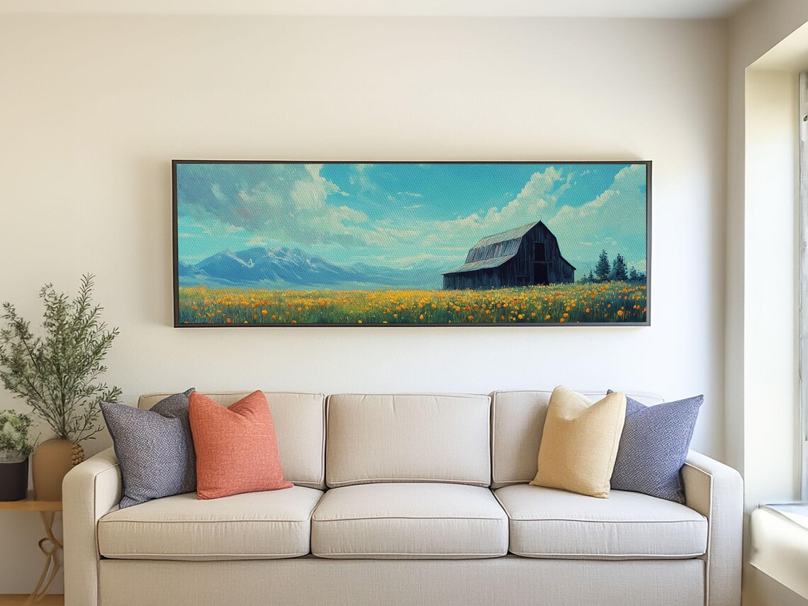 Dark Barn Yellow Wildflower Field Mountain View Panoramic Art Poster - Image 4