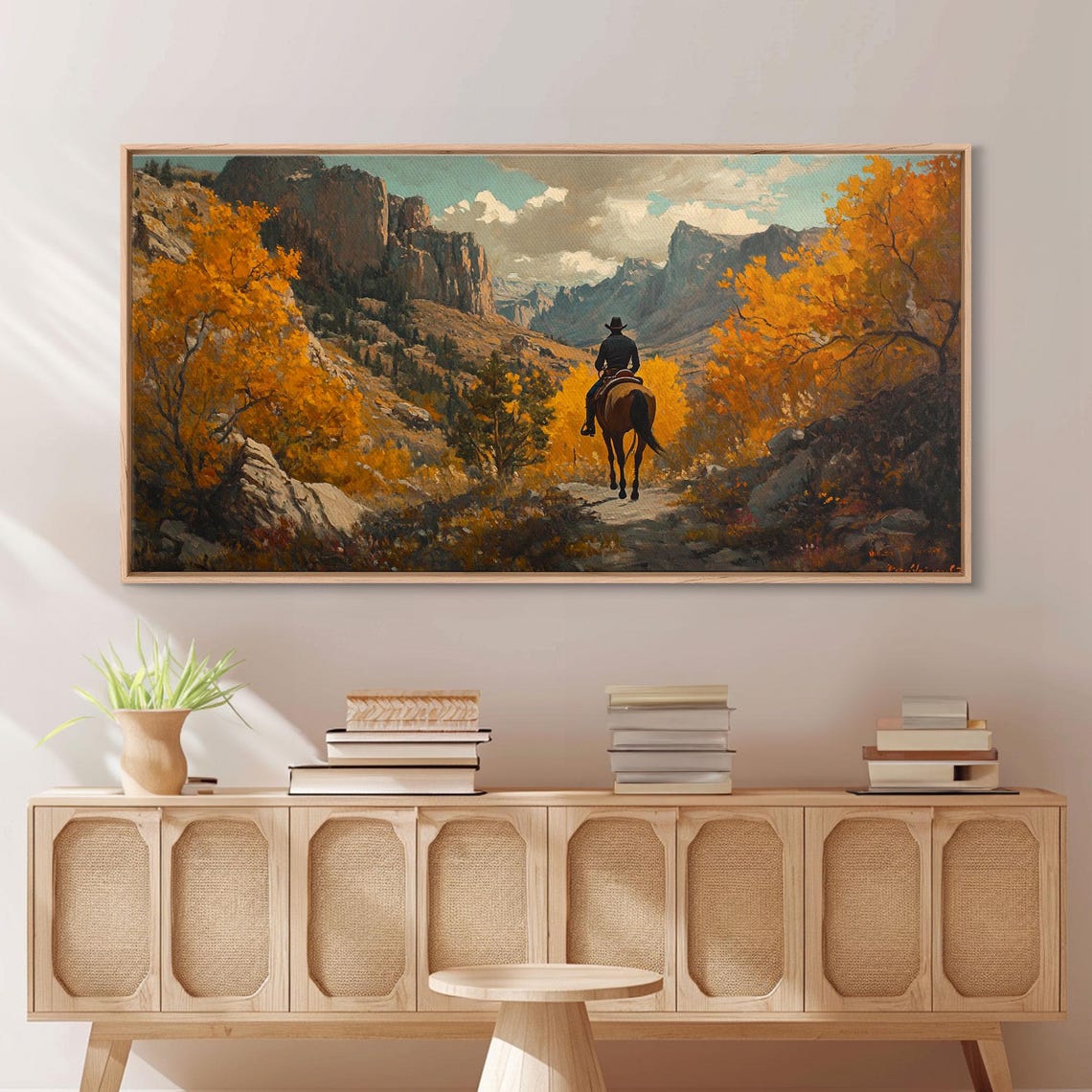 Wild West Cowboy In A Fall Landscape Painting Framed Print Addition To Your Fall Farmhouse Wall Decor Rustic Gallery Wall - Image 4