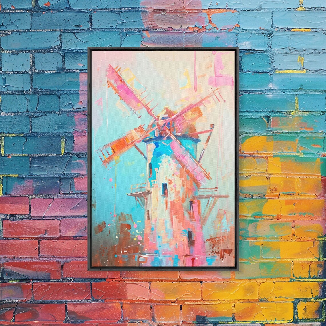 Pastel Windmill Painting In Pink Blue And Orange Soft Colors Poster - Image 3