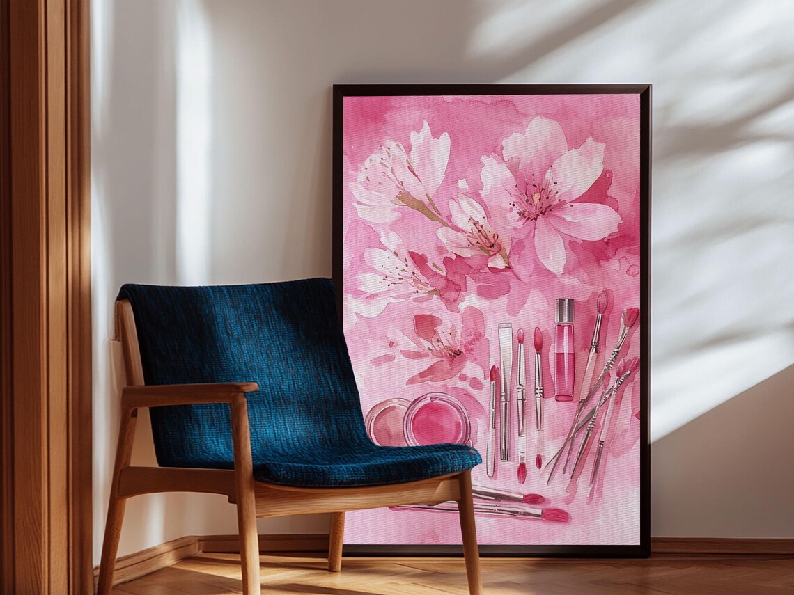 Cherry Blossom Print Featuring Makeup And Brush Theme Perfect Whimsical And Light Pink Wall Art Bedroom Or Bathroom Decor - Image 3