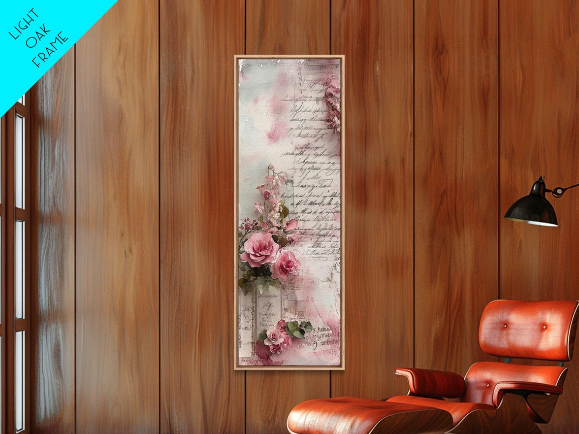 Pink Roses French Script Letters Vintage Romantic Floral Wall Art