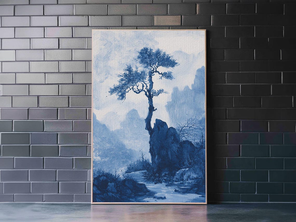 Blue White Chinoiserie Pine Tree Cliff Mountain Misty Asian Art Poster