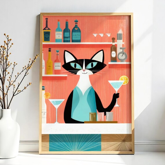 Tuxedo Cat Bartender Holding Martini Retro Cocktail Bar Poster