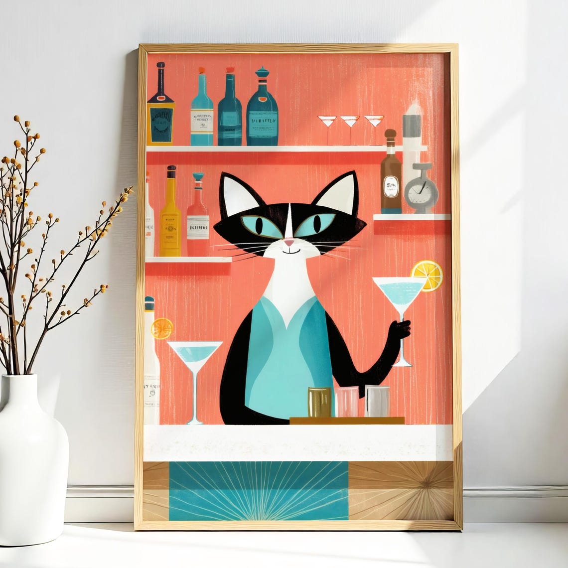 Tuxedo Cat Bartender Holding Martini Retro Cocktail Bar Poster