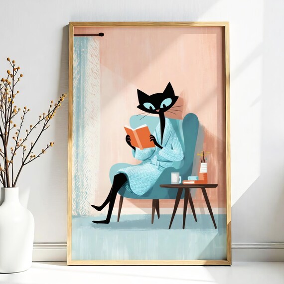 Black Cat Reading Book In Bathrobe Midcentury Modern Living Room Poster
