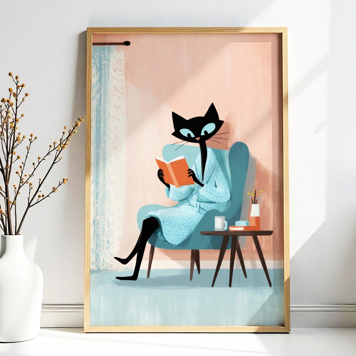Black Cat Reading Book In Bathrobe Midcentury Modern Living Room Poster