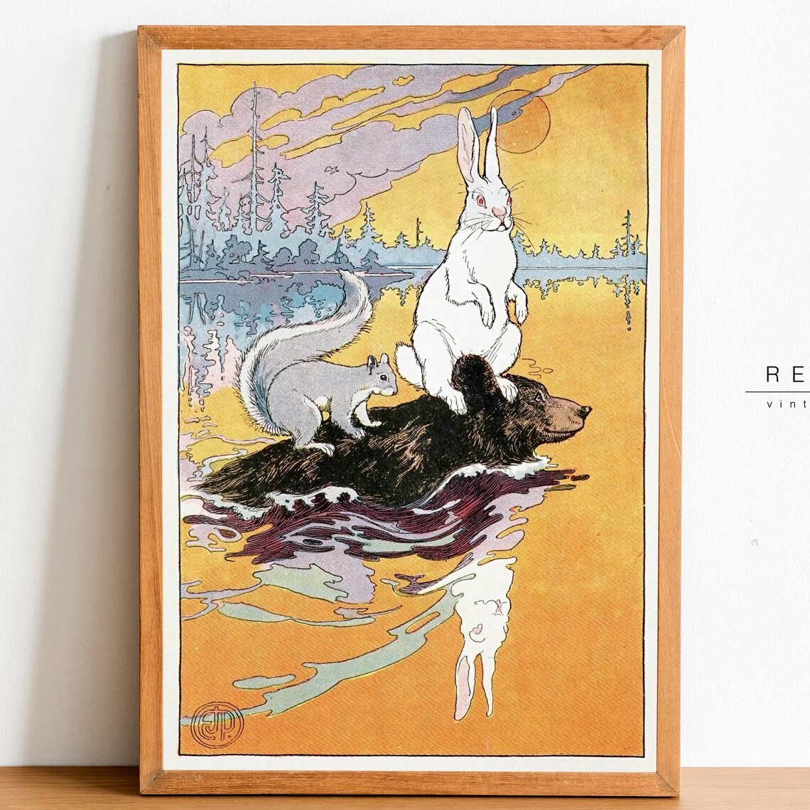 White Rabbit Riding Bear Vintage Storybook Nursery Art Poster