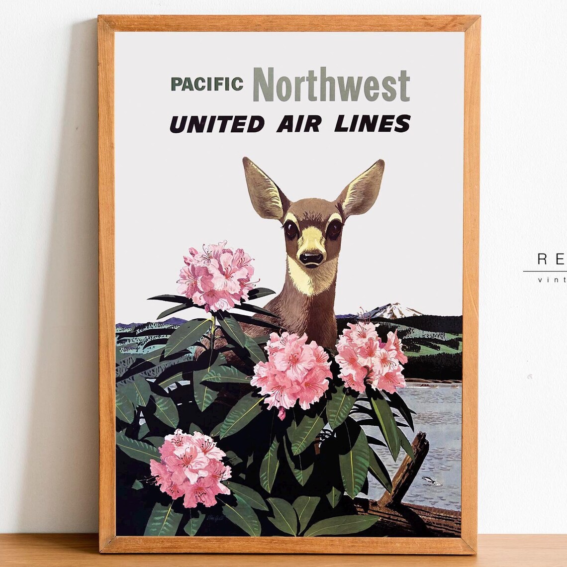 Pacific Northwest United Air Lines Deer And Flowers Travel Poster