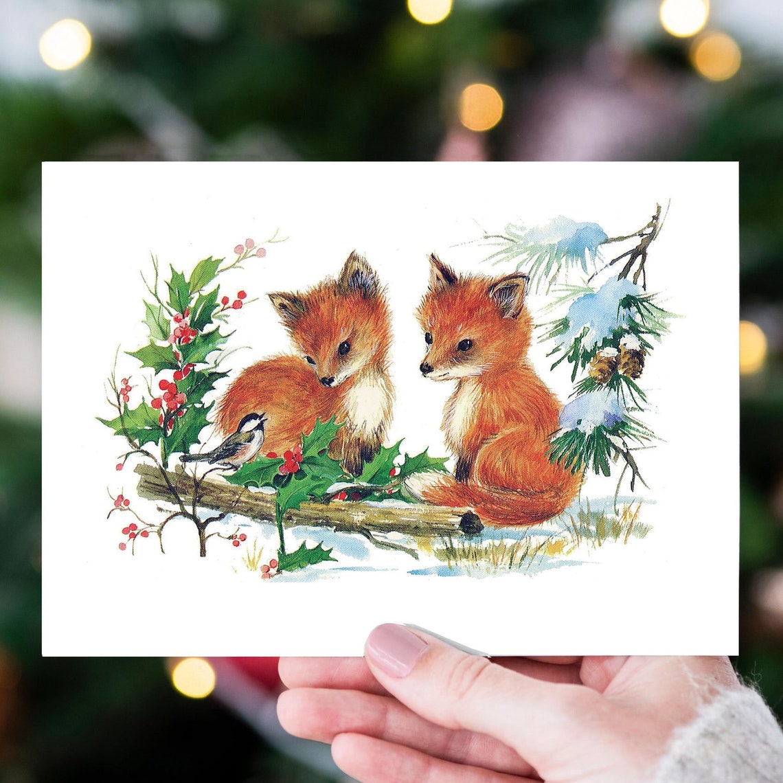 Vintage Christmas Card Art Two Fox Cubs Holly Snowy Winter Poster