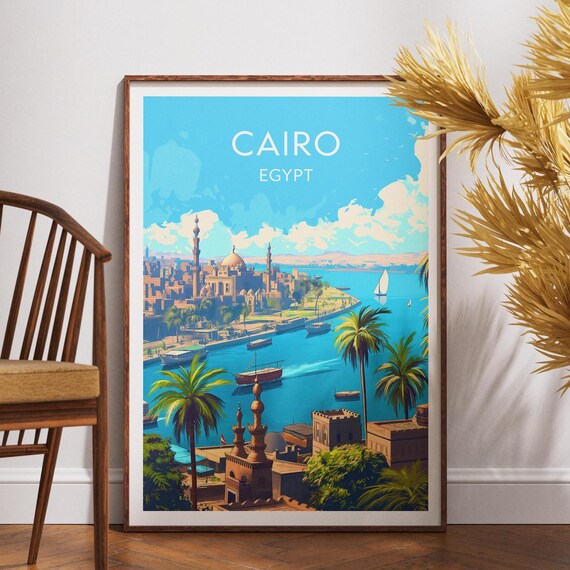 Cairo Egypt Nile Riverside Mosques Palm Illustrated Travel City Poster