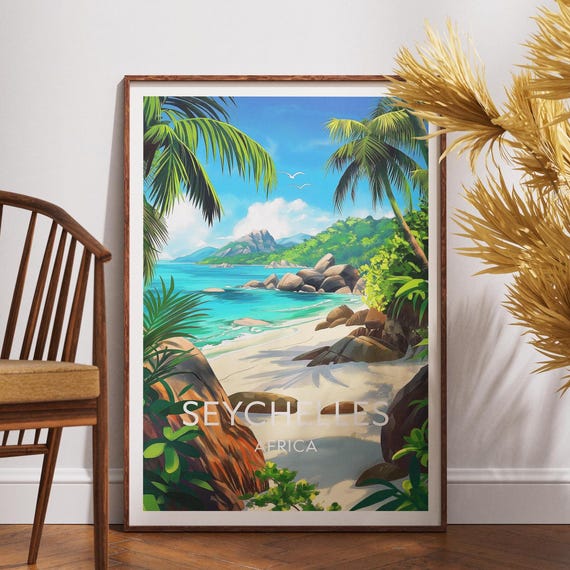 Seychelles Travel Print Ocean Poster Africa Wall Art Coast