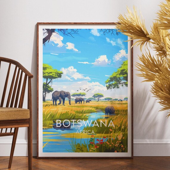 Botswana Africa Elephant Herd Waterhole Safari Wildlife Travel Poster