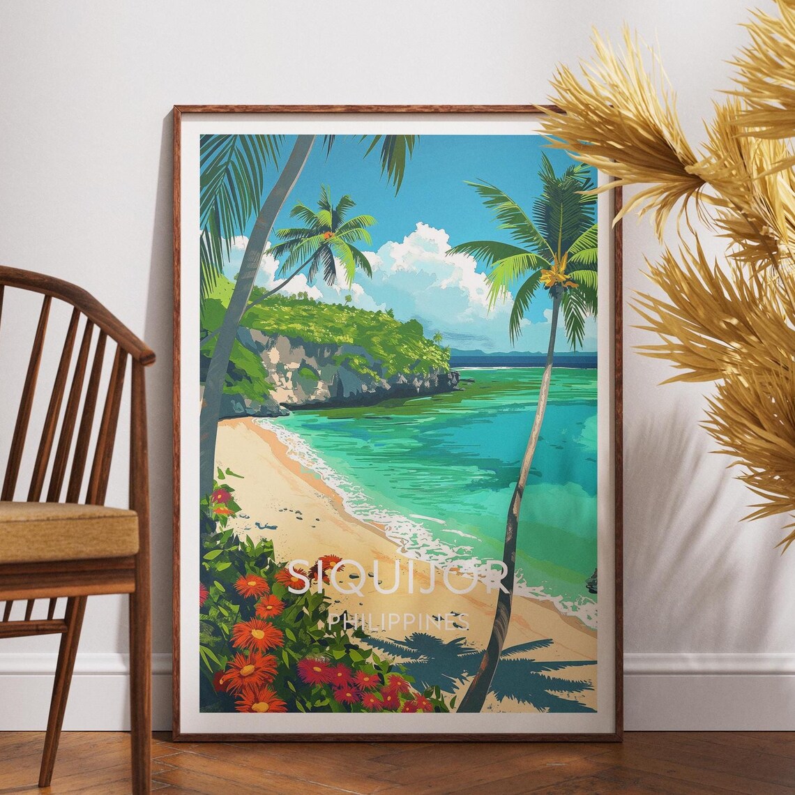 Siquijor Philippines Tropical Beach Cove Palm Paradise Travel Poster