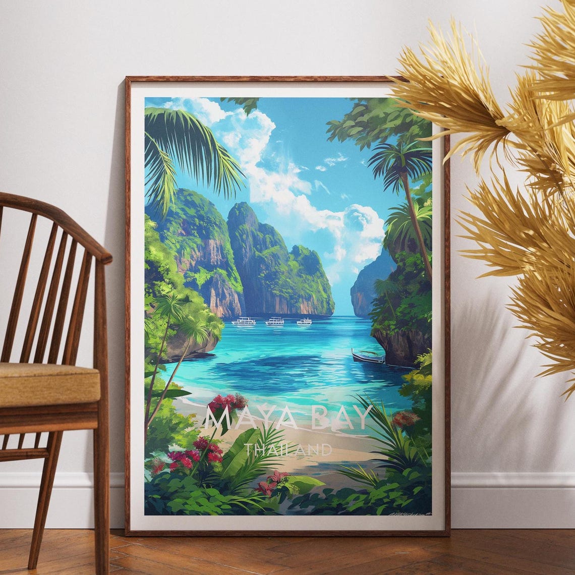 Maya Bay Thailand Limestone Cliffs Turquoise Cove Boats Beach Poster