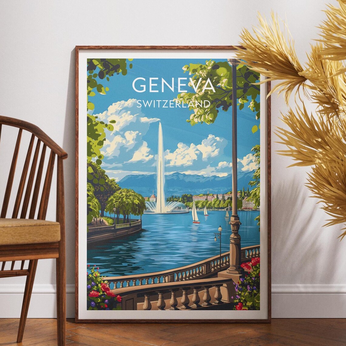 Geneva Switzerland Jet dEau Lake Terrace Sailboat Travel Poster