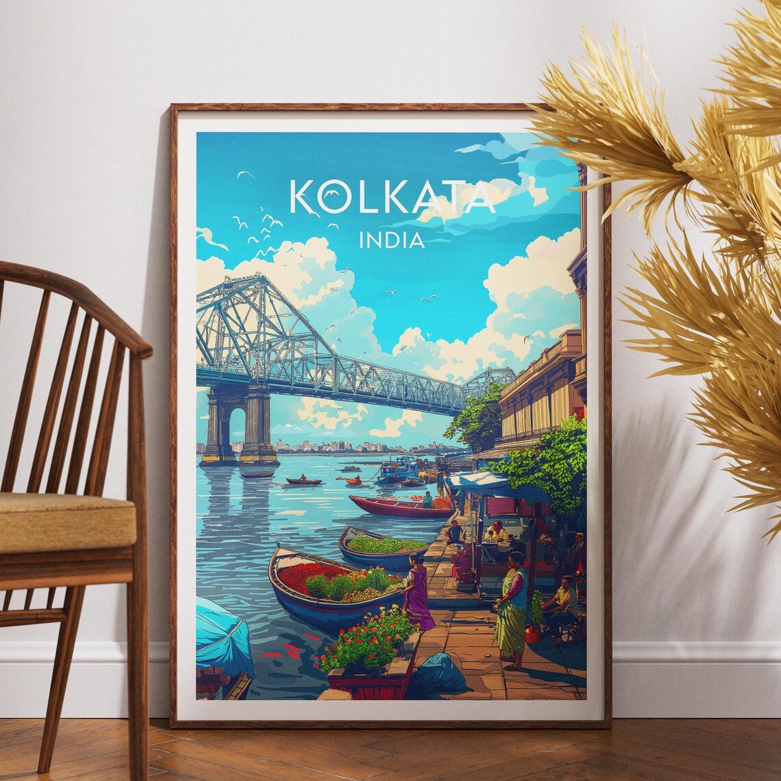 Kolkata India Howrah Bridge Flower Market River Boats Travel Poster