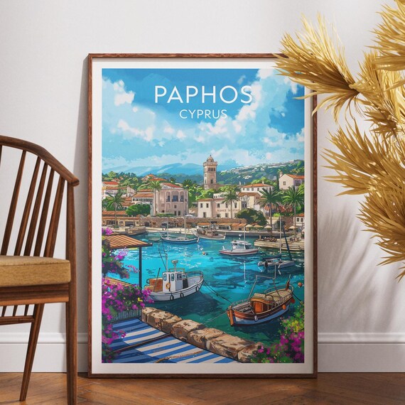 Paphos Cyprus Harbor Fishing Boats Old Town Mediterranean Travel Poster