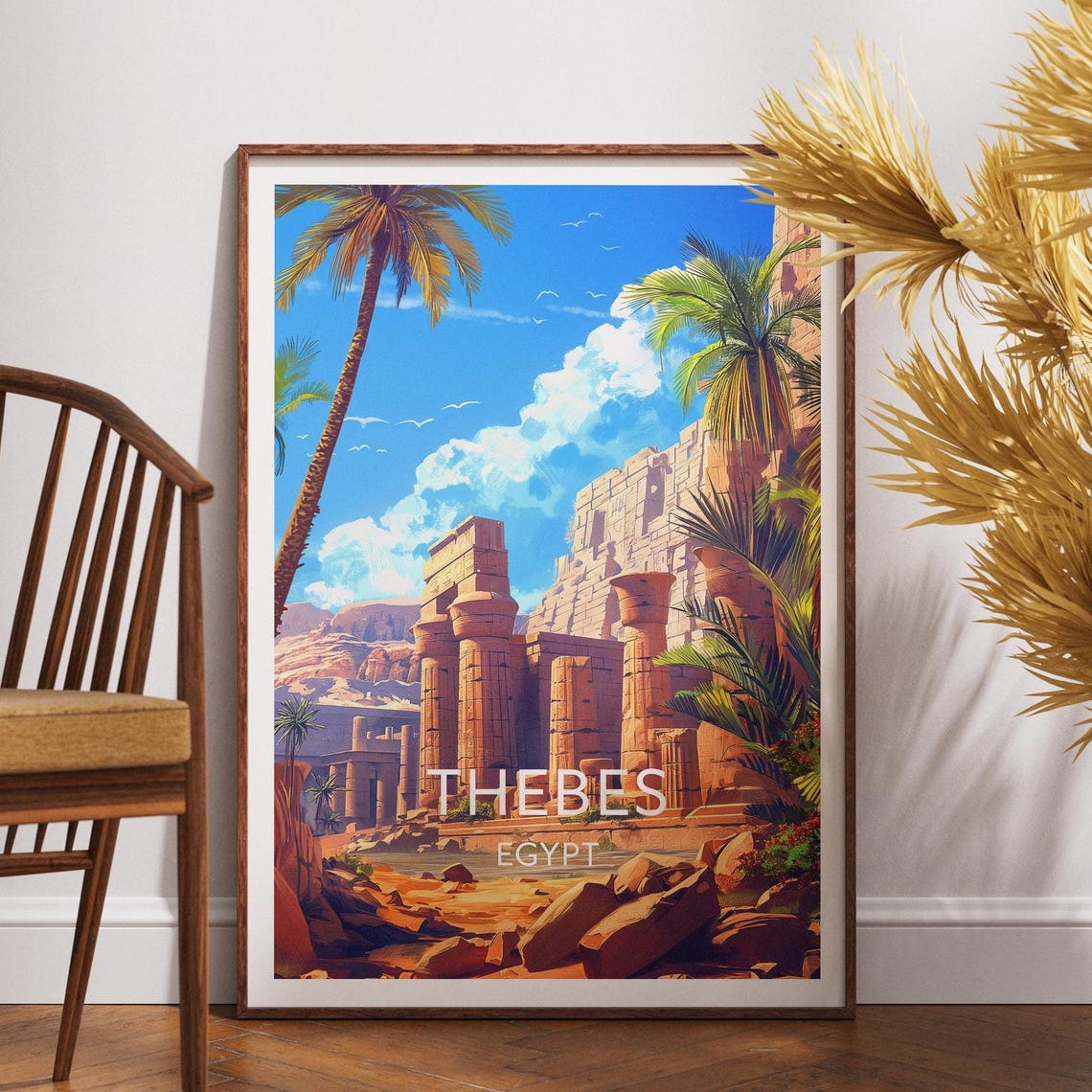 Thebes Egypt Ancient Temple Columns Ruins Retro Travel Poster