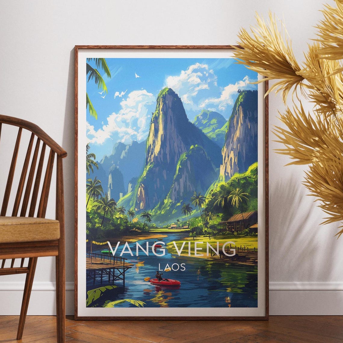 Vang Vieng Laos Dramatic Karst Mountains Kayak River Travel Poster