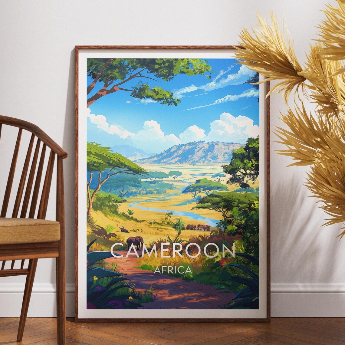 Cameroon Africa Savanna Elephants Safari Sunset Landscape Poster