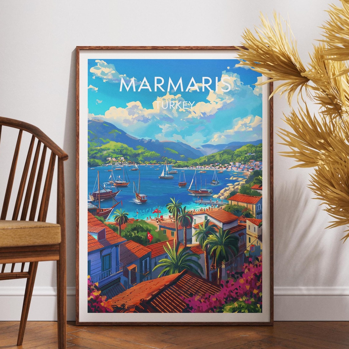 Marmaris Turkey Harbor Sailboats Old Seaside Town Travel Poster
