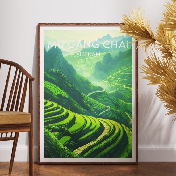 Mu Cang Chai Travel Poster Vietnam Wall Art Print Illustration Home Office Decor Rice Terrace
