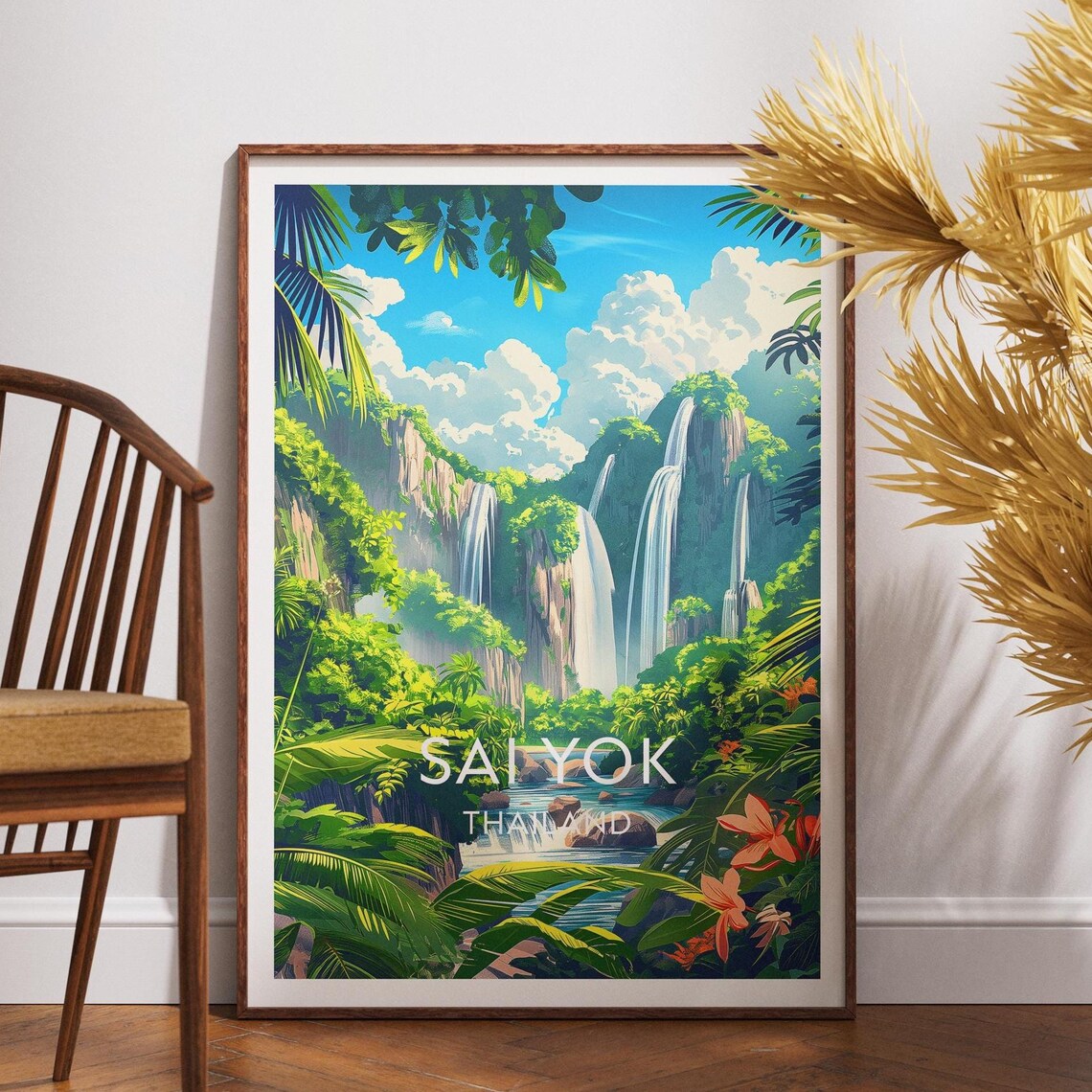 Sai Yok Thailand Waterfall Cliffs Lush Green Valley Travel Poster