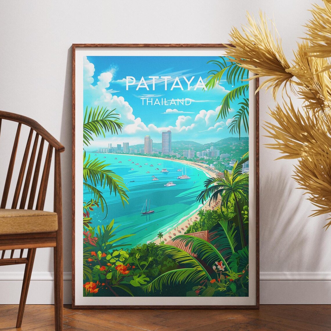Pattaya Thailand Beach City Skyline Palm Trees Travel Poster