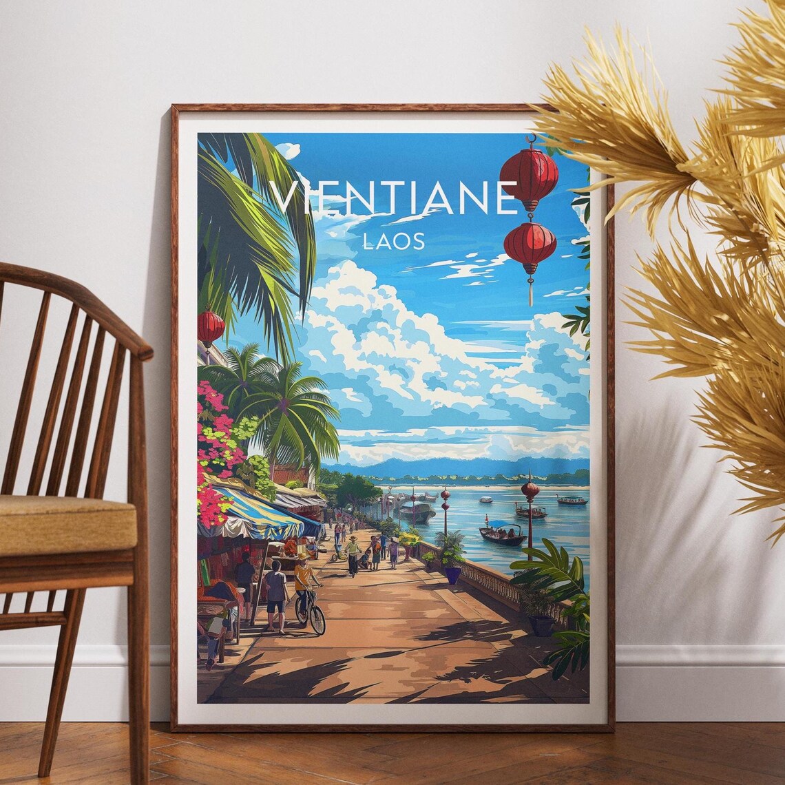 Vientiane Laos Mekong River Promenade Lanterns Travel Poster