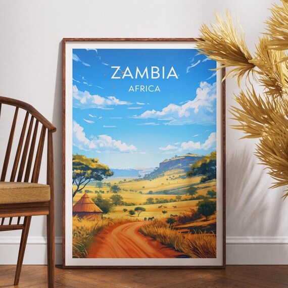 Zambia Africa Golden Savanna Elephant Herd Sunset Travel Poster