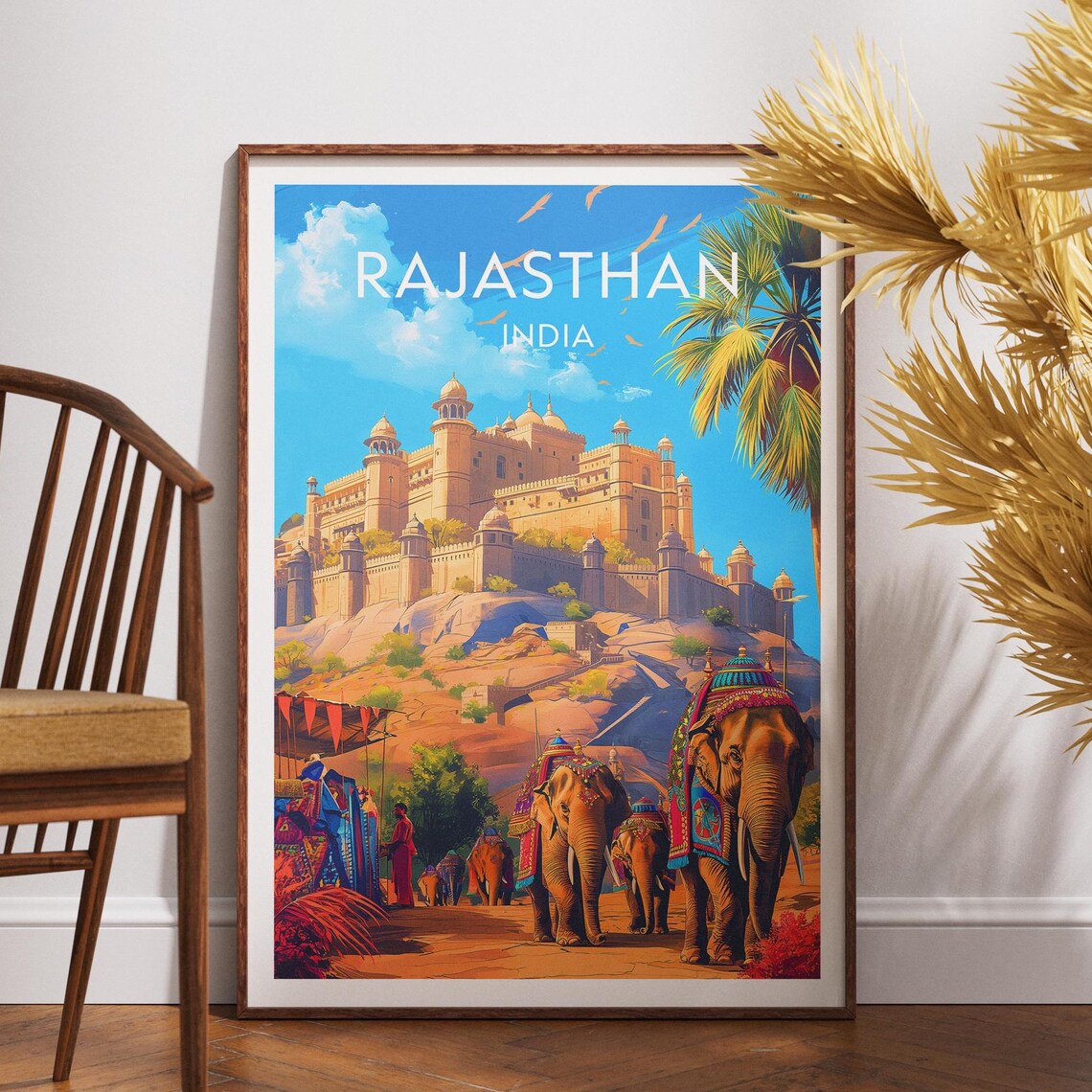 Rajasthan India Travel Poster Amber Fort Elephants Festival Parade
