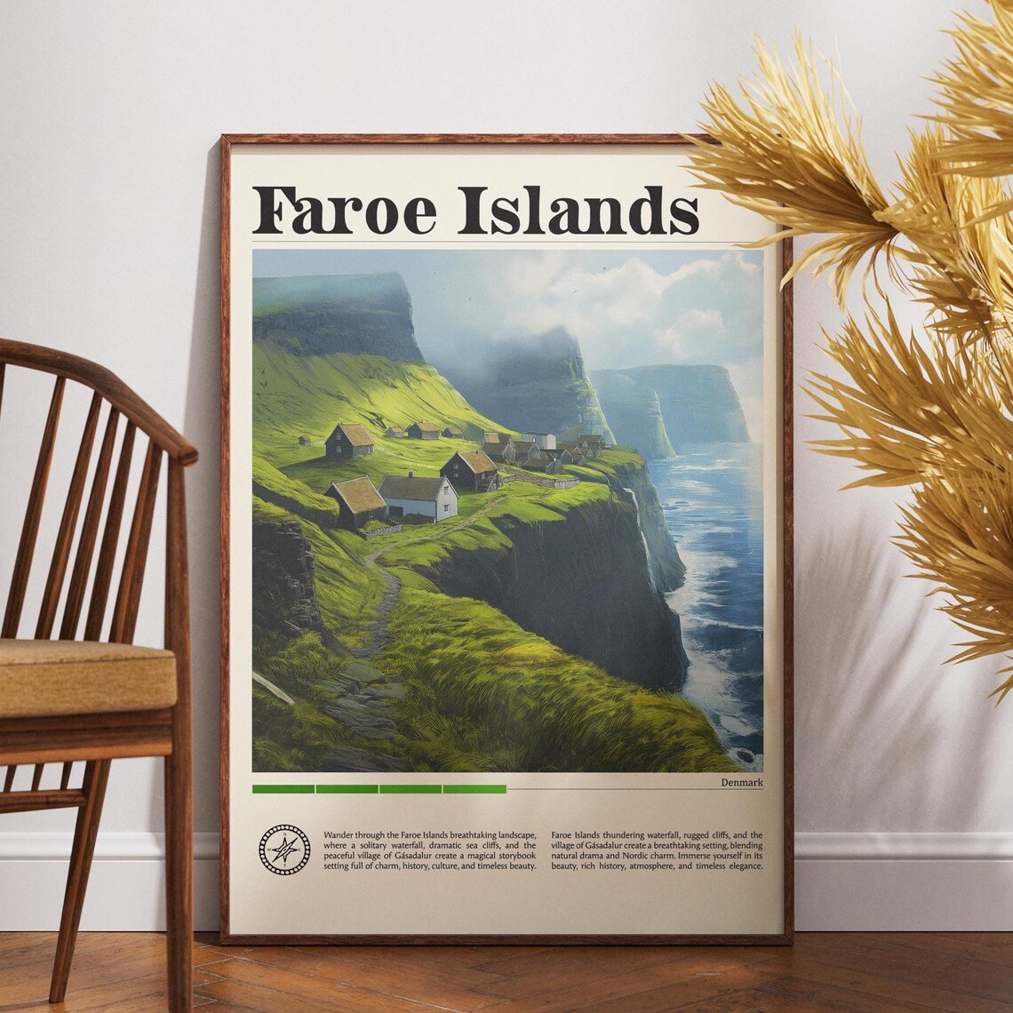 Faroe Islands Denmark Green Sea Cliffs Village Travel Poster