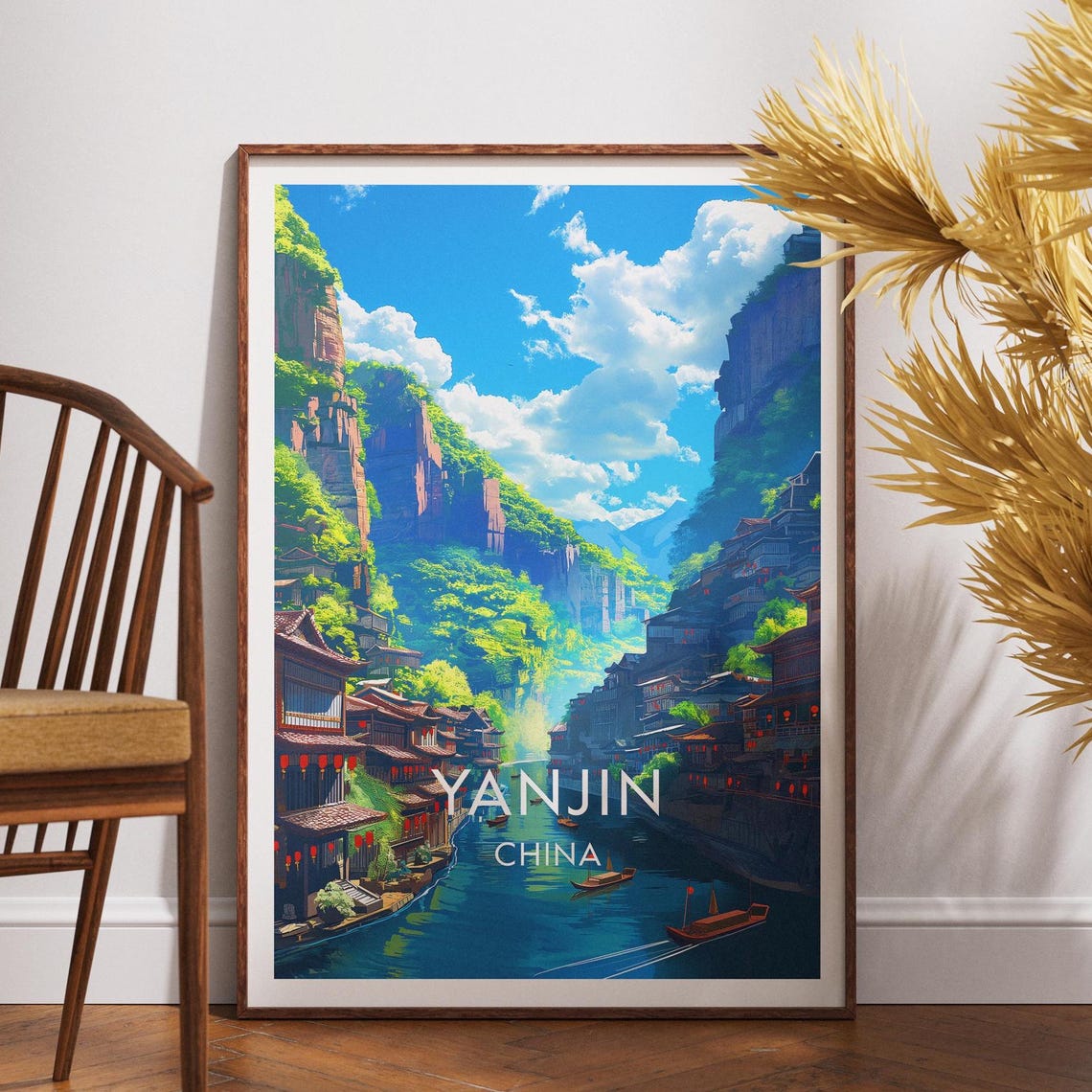 Yanjin China River Gorge Lantern Lit Old Town Travel Art Poster