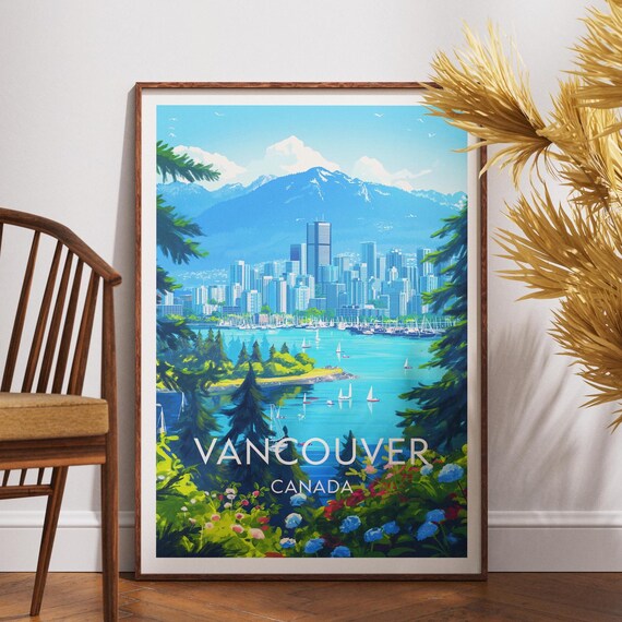 Vancouver Canada Skyline Travel Poster Mountains Sailboats Harbor Art